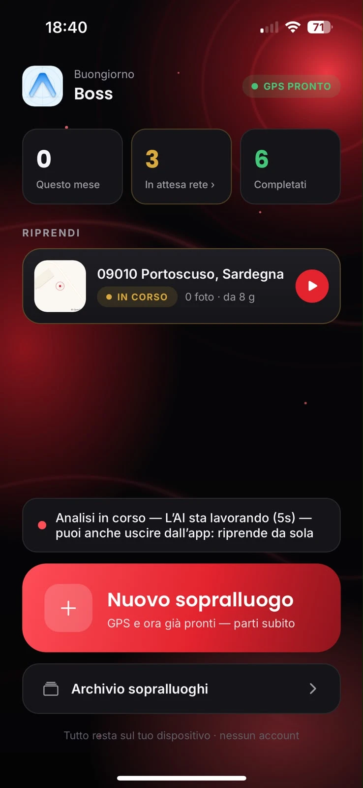 Rilieva home screen — GPS ready, one big button