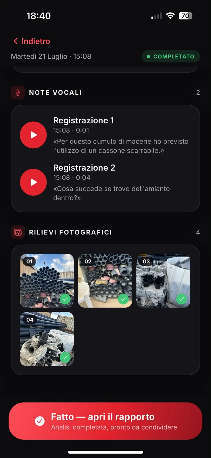 Completed survey with transcribed voice notes and photo log