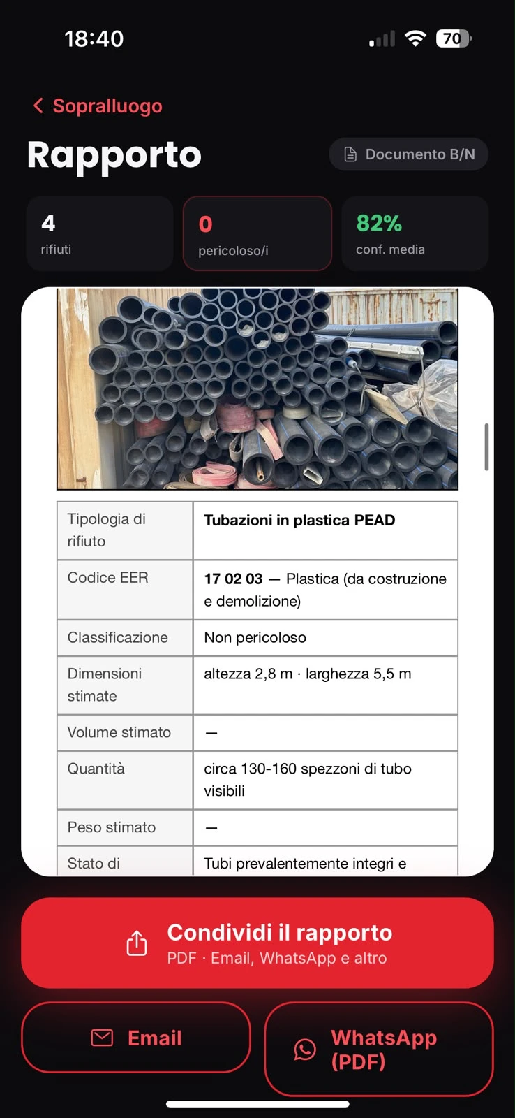 Generated report: waste type, EER code, classification, estimated size